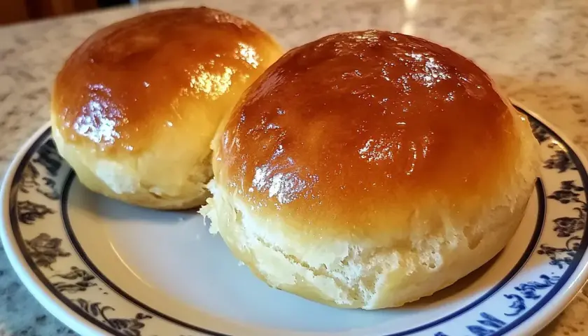 Två gyllene bullar med sylt på en tallrik. Perfekta för fika.