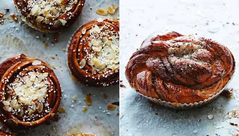 Två sorters kanelbullar, en med mandel och pärlsocker, den andra glaserad och strödd med kardemumma. Perfekt för fika med snabbjäst!