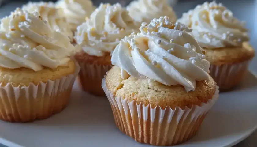 Fluffiga cupcakes med vit frosting och strössel, perfekta för ett enkelt cupcakes recept.