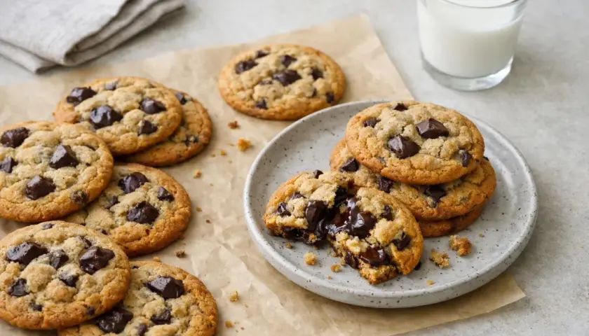 Saftiga chocolate chip cookies, perfekta för ett enkelt recept. En av kakorna är bruten och visar smält choklad.