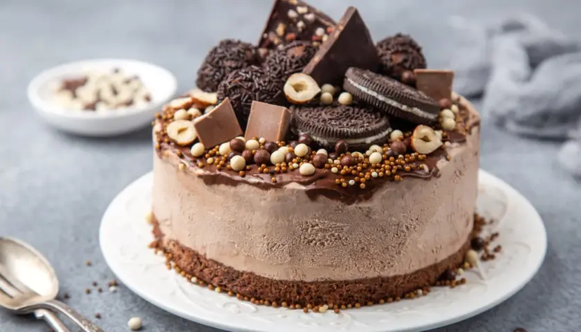 En chokladig glass tårta dekorerad med chokladbitar, oreos, hasselnötter och strössel. Perfekt för en fest!
