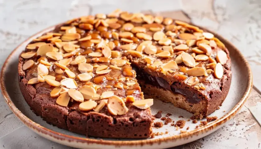 Kladdkaka med mandel och kolasås, perfekt för ett enkelt kladdkaka recept.