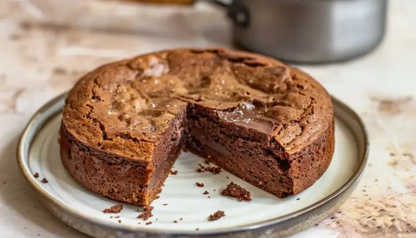 En saftig kladdkaka med choklad, perfekt för en mysig fikastund. En bit är redan uppskuren och visar den härliga chokladkärnan.