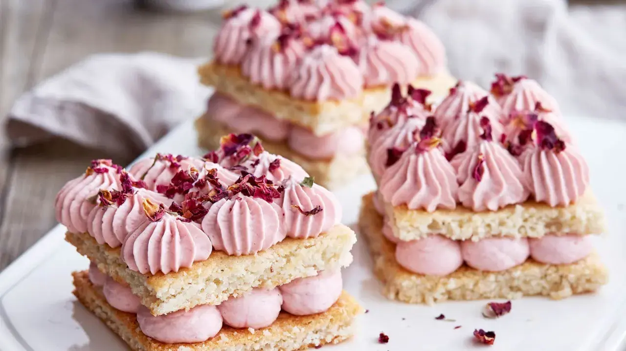 Delikata små mandelbotten tårtor med rosa grädde och torkade rosenblad. En dröm för ögat och gommen.