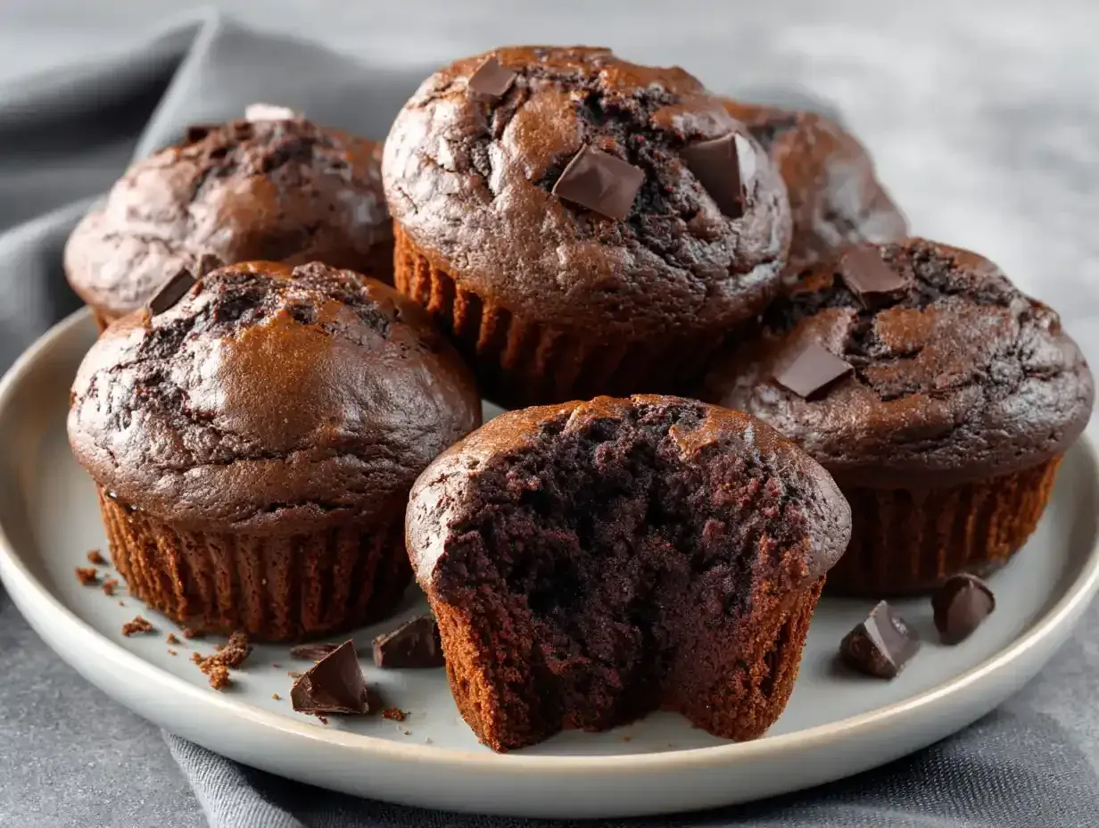 En tallrik med chokladmuffins, några med bitar av choklad på toppen. En muffin är uppäten och visar den saftiga insidan.