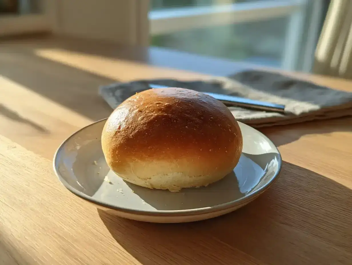 En gyllene, fluffig bulle ligger på en tallrik. Solen lyser in genom fönstret och skapar ett vackert ljus.