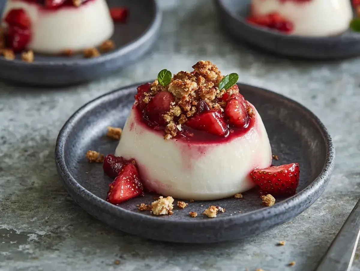 Krämig dessert med jordgubbar och smulor, gjord med agar agar.