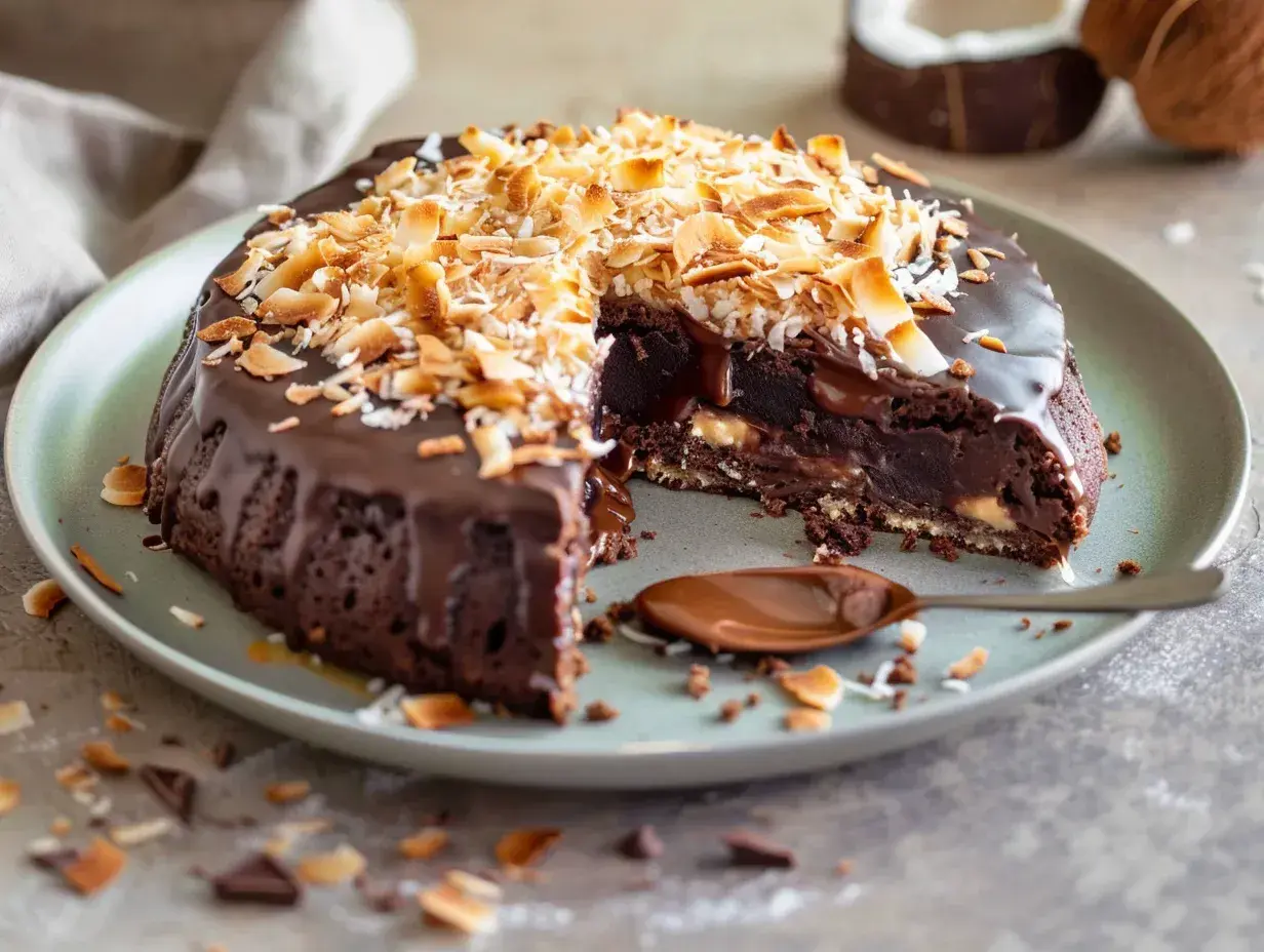En saftig brownie med chokladglasyr och rostad kokostosca. En sked med chokladsås ligger bredvid.