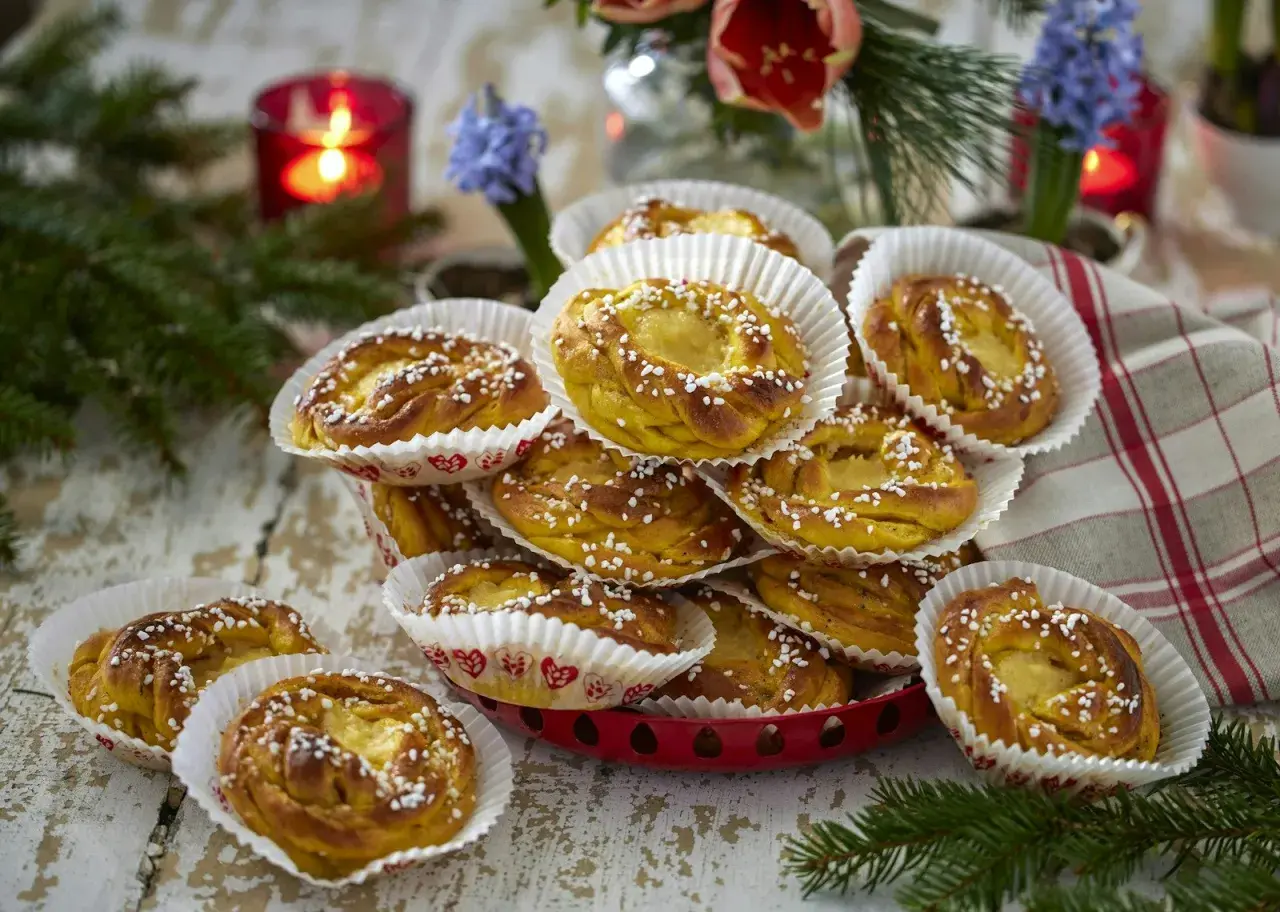 En hög med gyllene kanelbullar, strösslade med pärlsocker, i vita pappersformar. En röd ljusstake och blommor i bakgrunden ger en mysig känsla. Perfekt för att visa hur förvarar man bullar bäst.
