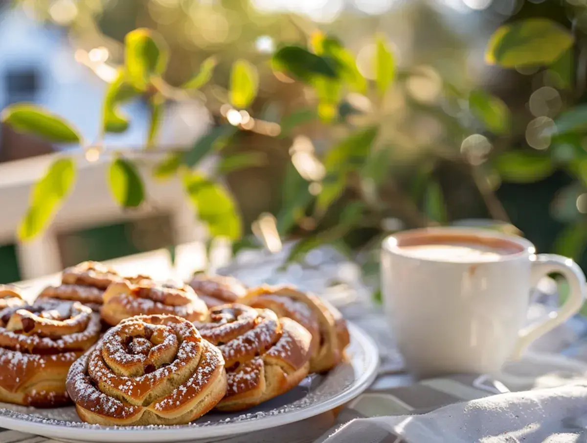 En tallrik med kanelbullar, pudrade med florsocker, står bredvid en kopp kaffe i solljuset. En härlig kanelbulle längd för en fika.