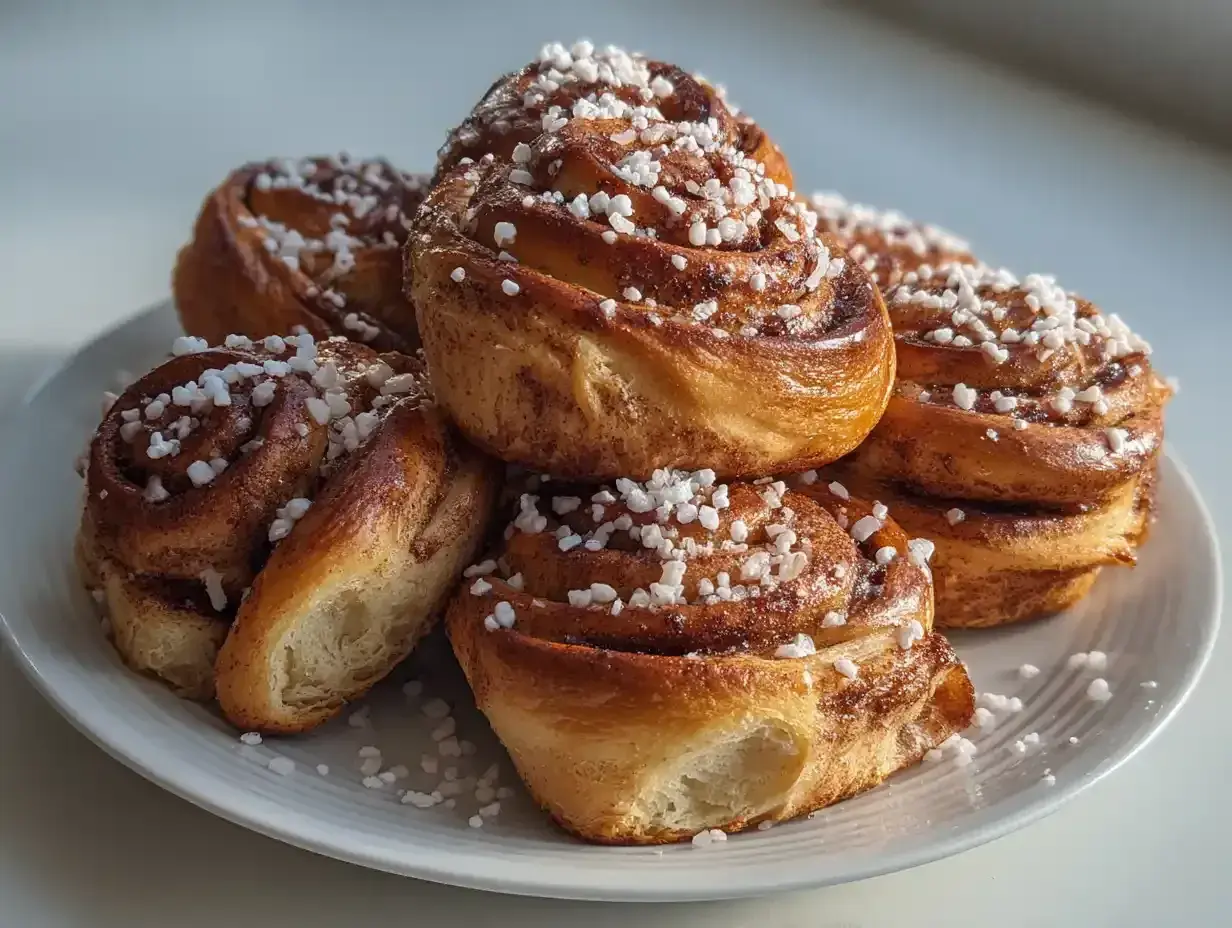 En hög med gyllene kanelbullar, toppade med pärlsocker. Perfekta att baka med torrjäst för en fika.