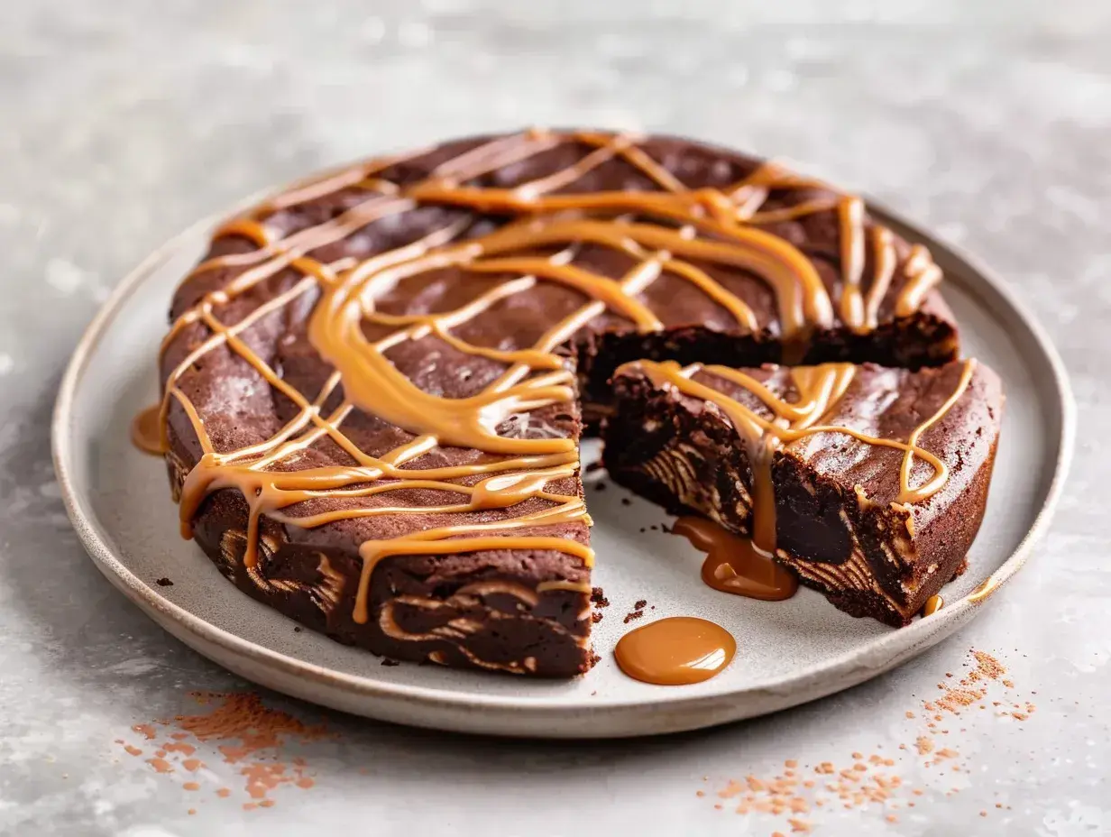Chokladkaka med dulce de leche-glasyr, en bit är uppskuren och visar den rika chokladtexturen.