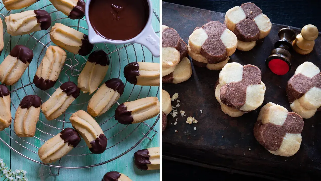 Två sorters annorlunda småkakor: chokladdoppade och schackrutiga. En härlig syn för alla fikasugna!