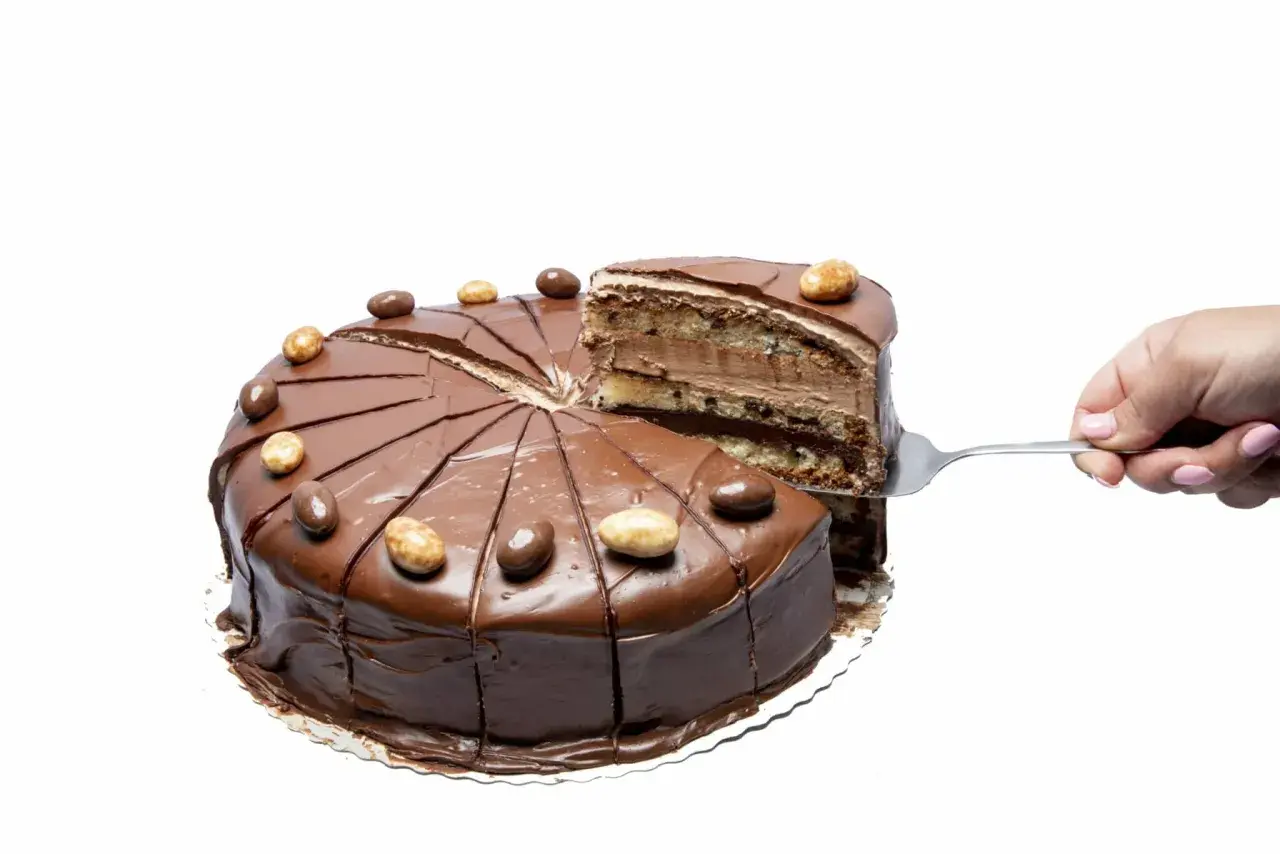 En chokladig nutellatårta med flera lager, en bit lyfts upp med en tårtspade. Perfekt för ett nutellatårta recept.