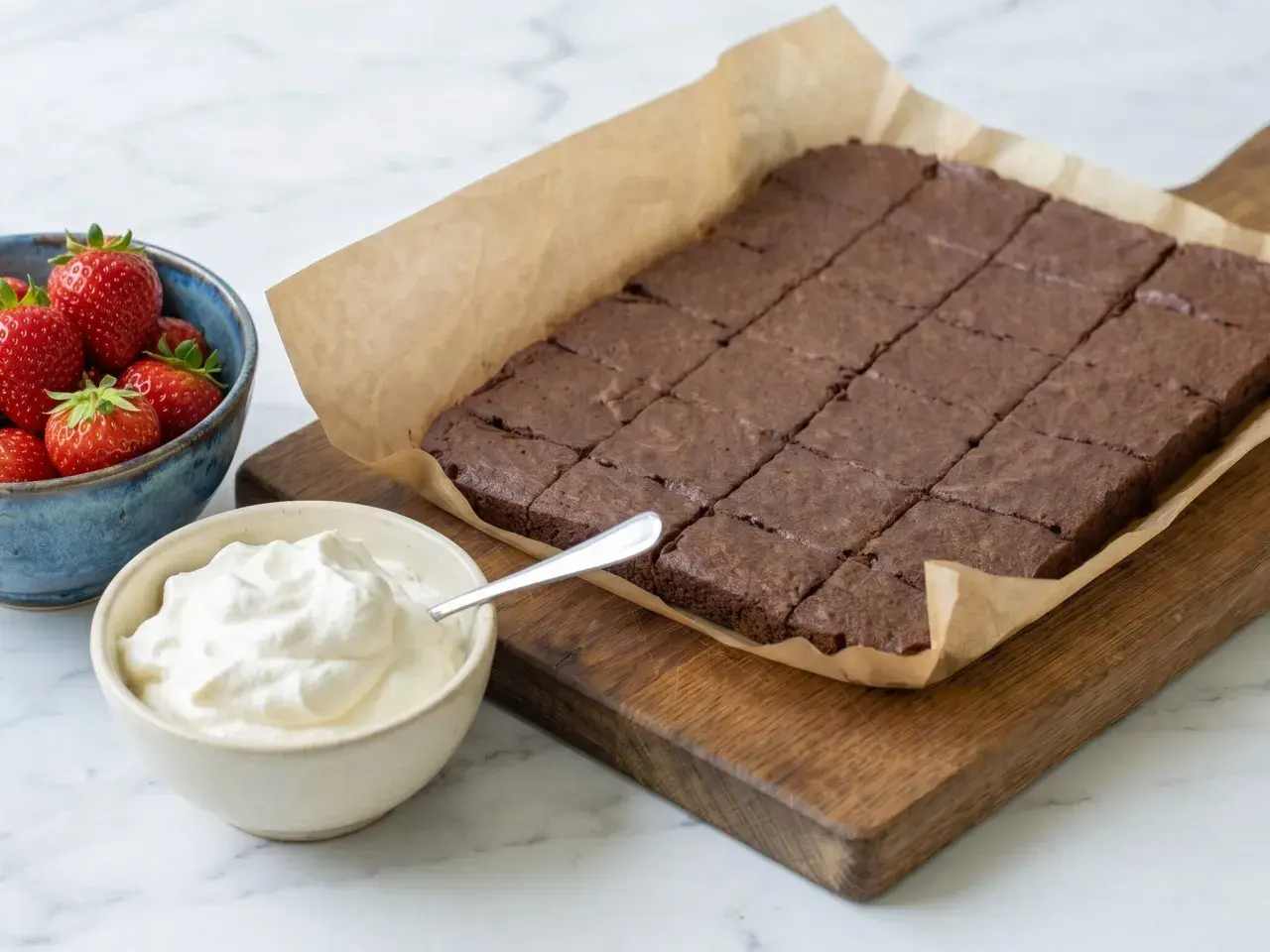 En kladdkaka i långpanna, uppskuren i rutor, serveras med vispad grädde och färska jordgubbar. Perfekt för fikat!