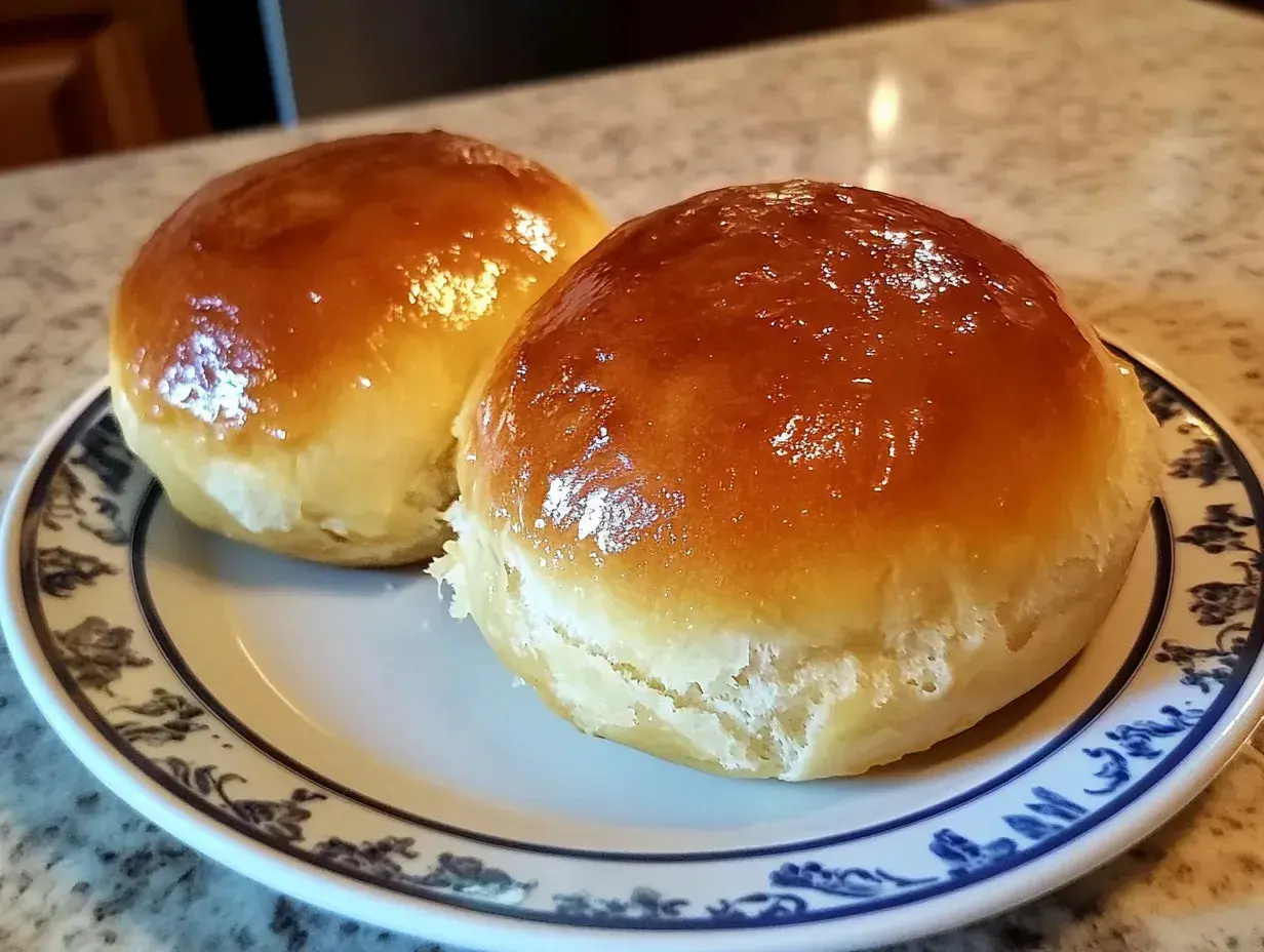 Två gyllene bullar med sylt på en tallrik. Perfekta för fika.