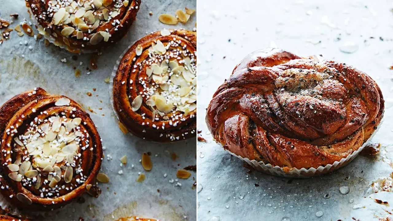 Två sorters kanelbullar, en med mandel och pärlsocker, den andra glaserad och strödd med kardemumma. Perfekt för fika med snabbjäst!