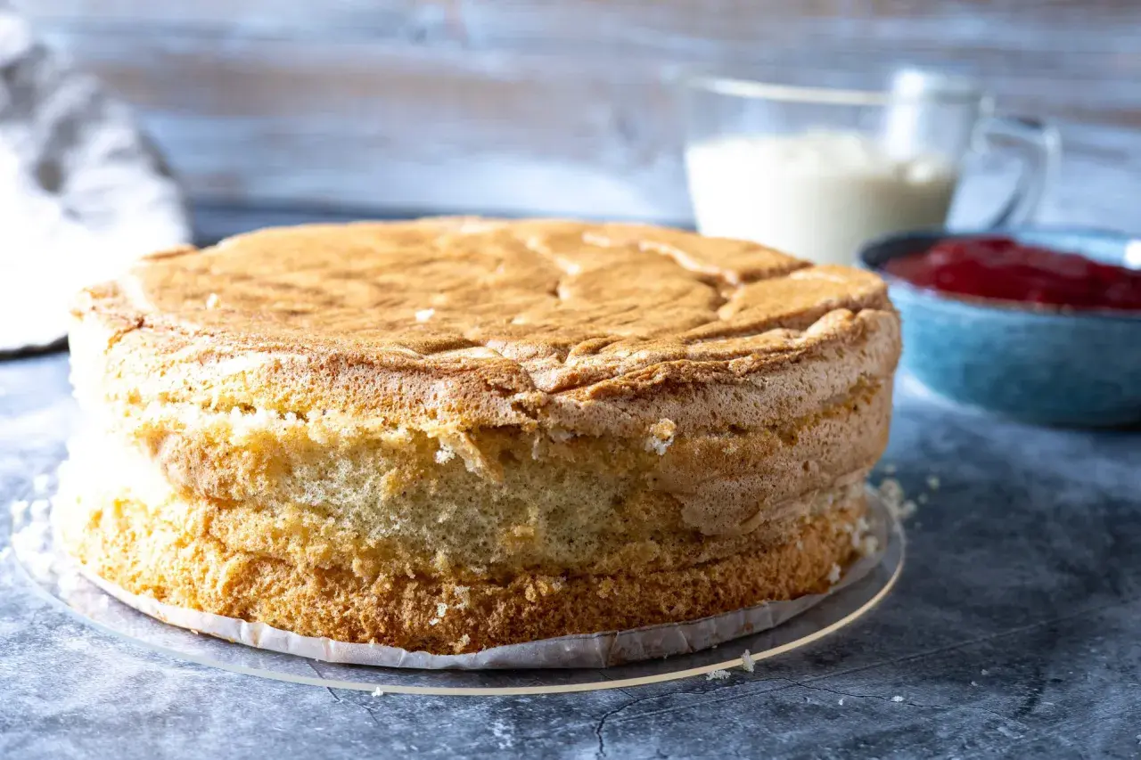 En fluffig sockerkaksbotten, redo att bli en del av ett anslag recept. Bredvid står en skål med sylt och en kanna med grädde.