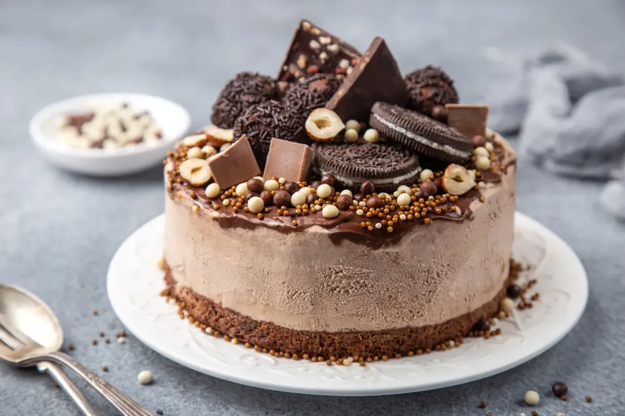 En chokladig glass tårta dekorerad med chokladbitar, oreos, hasselnötter och strössel. Perfekt för en fest!