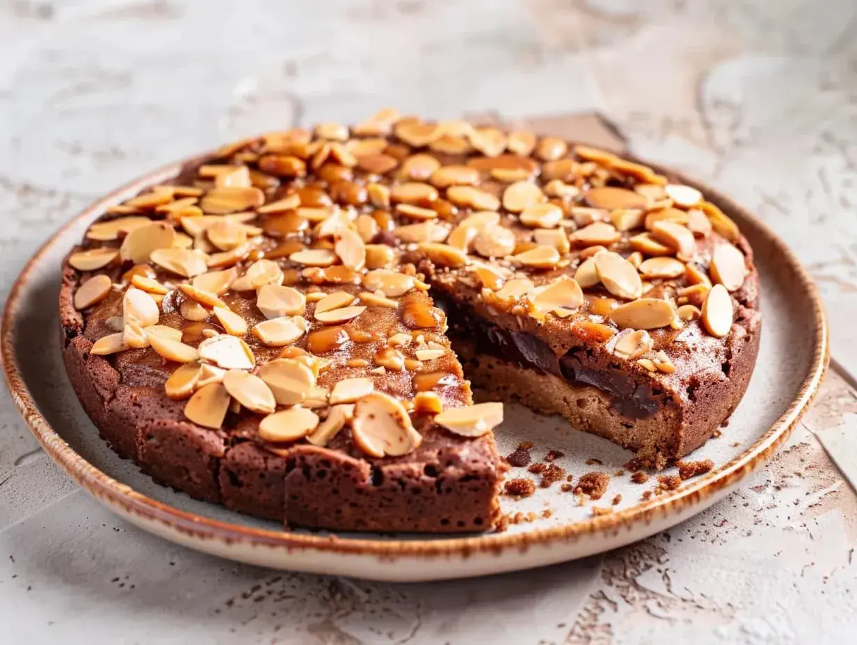 Kladdkaka med mandel och kolasås, perfekt för ett enkelt kladdkaka recept.