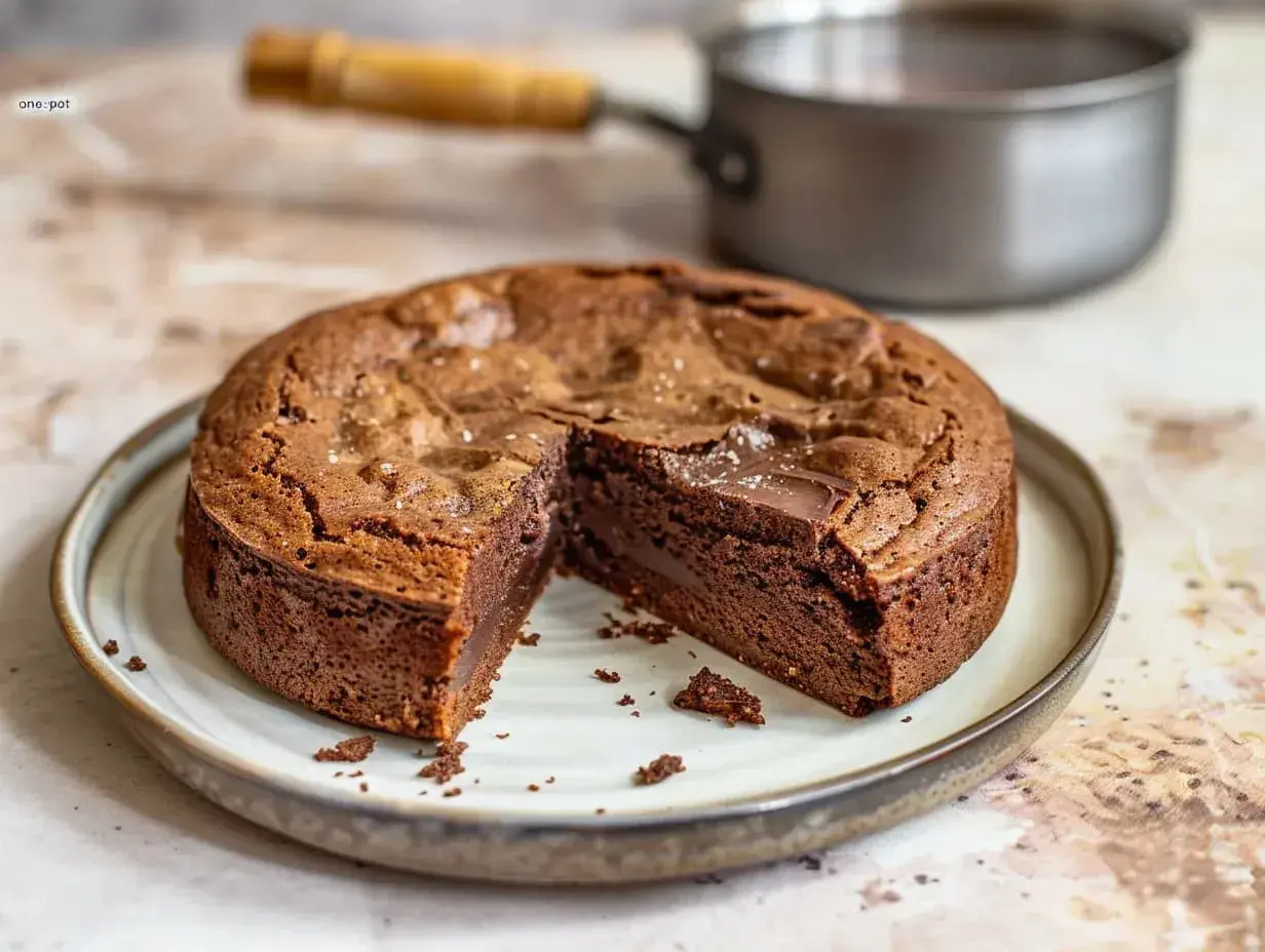 En saftig kladdkaka med choklad, perfekt för en mysig fikastund. En bit är redan uppskuren och visar den härliga chokladkärnan.