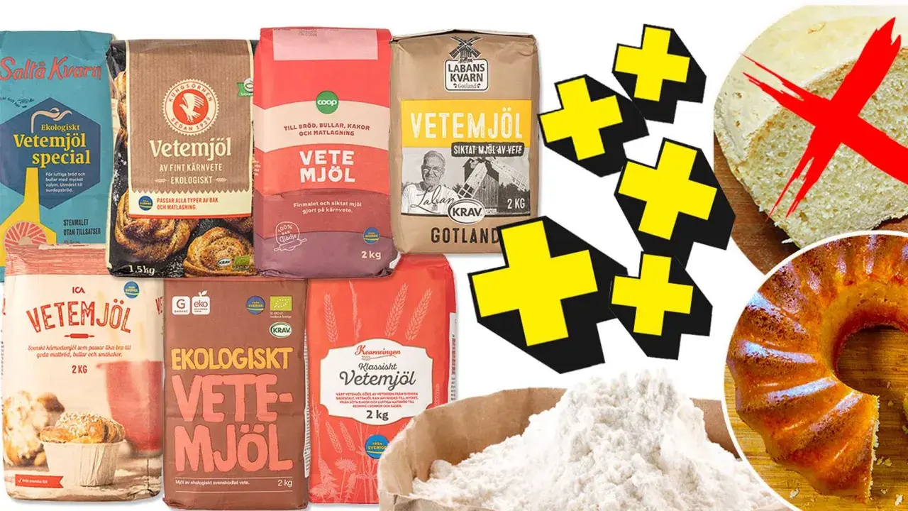 Flera sorters vetemjöl, inklusive vetemjöl special, för bakning. En röd kryss över en brödlimpa indikerar att det inte är lämpligt.