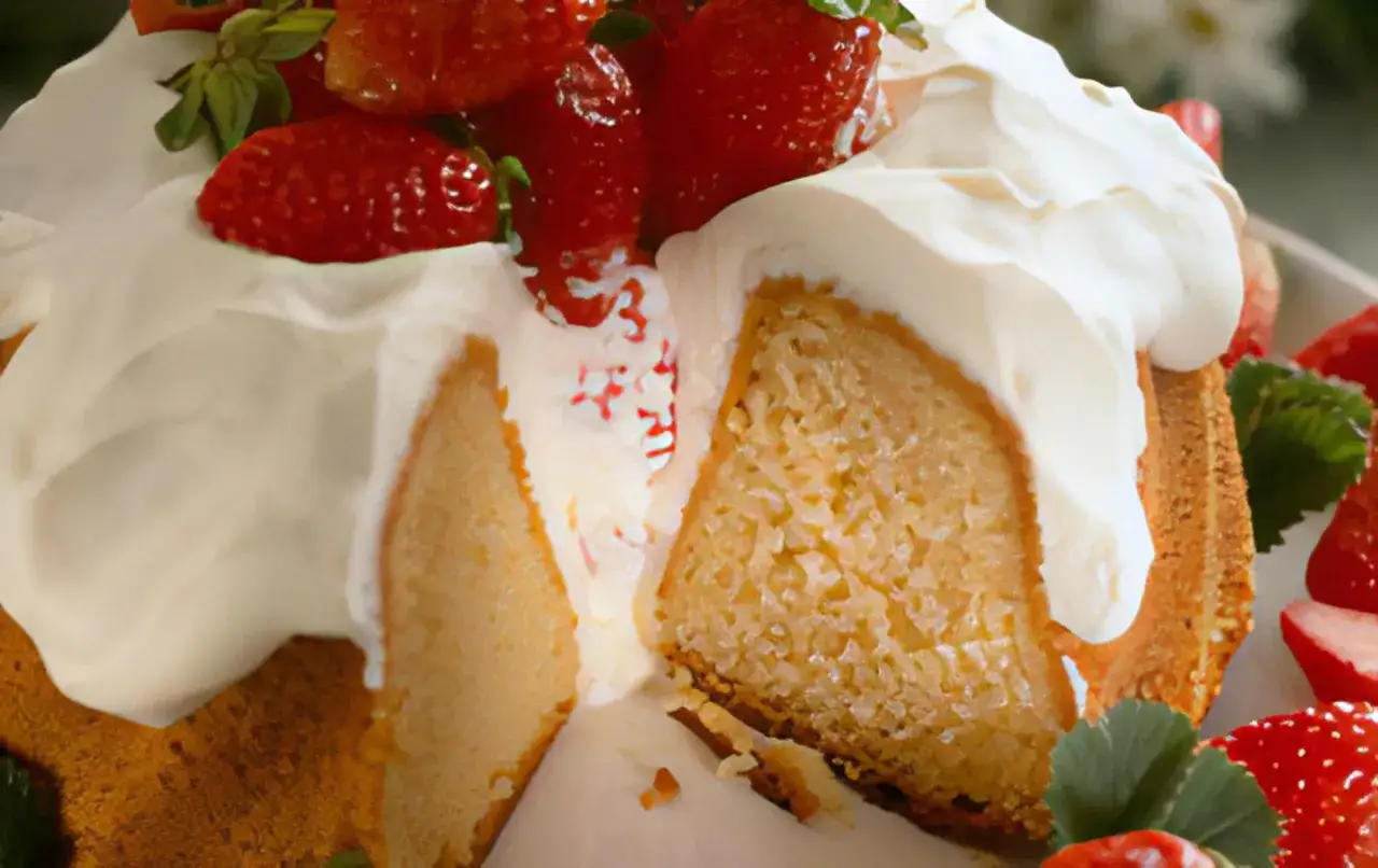 En saftig sockerkaka med honung istället för socker, toppad med vispgrädde och färska jordgubbar. En härlig sommardessert!