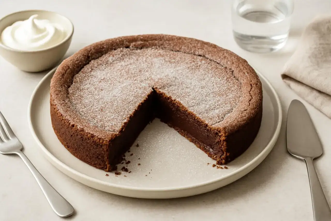 En saftig kladdkaka med pudrat florsocker, redo att serveras med vispad grädde. Ett perfekt kladdkaka recept för alla chokladälskare.