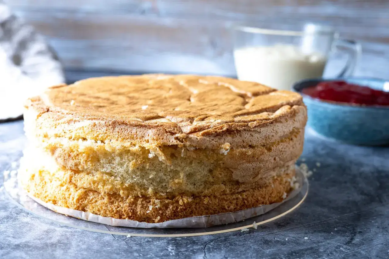 En fluffig sockerkaksbotten redo f&ouml;r ett anslag recept. Bredvid st&aring;r en sk&aring;l med sylt och ett m&aring;tt med gr&auml;dde.