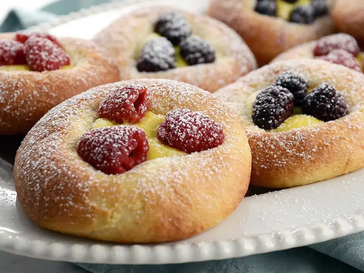 Brioche bullar med kräm och färska bär, pudrade med florsocker. En härlig fika!