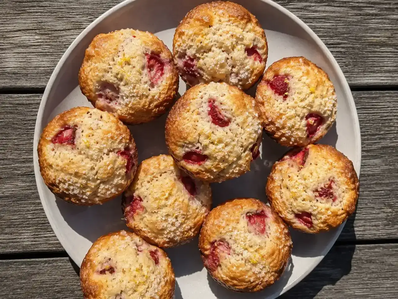 En tallrik med fluffiga muffins med jordgubbar, toppade med socker och citronskal. Perfekt för fika!