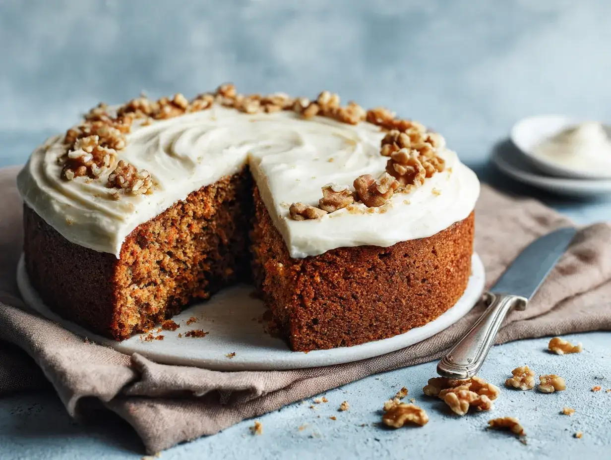 En saftig morotskaka, som Frida bakat, med krämig frosting och valnötter. En bit är bortskuren.