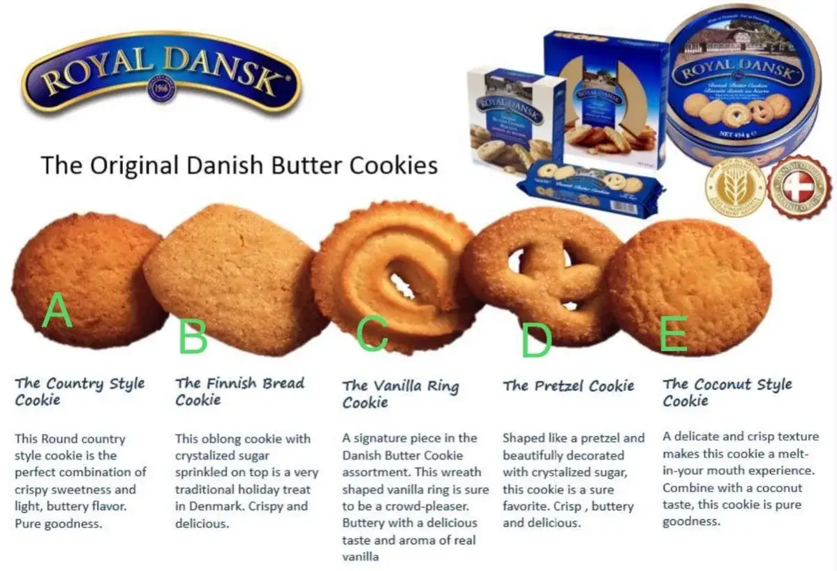 Royal Dansk presenterar sina klassiska danska sm&aring;kakor: runda, avl&aring;nga, ringformade, pretzelformade och kokos.
