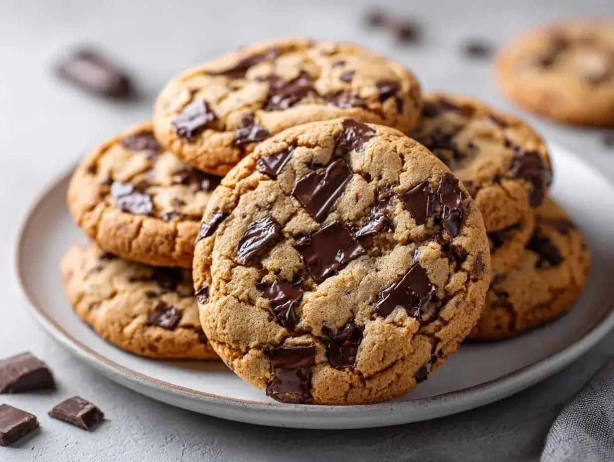 Amerikanska chocolate chip cookies recept. En hög med nybakade, gyllene kakor med generöst med mörk choklad. Perfekt för fikat!