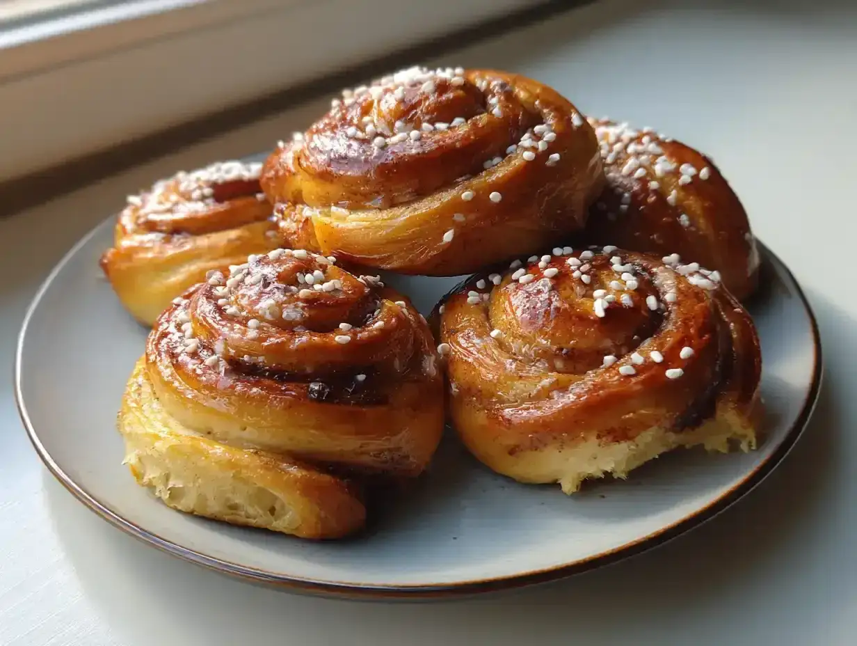 Färska bullar med torrjäst, glaserade och strösslade med pärlsocker, ligger på en grå tallrik.