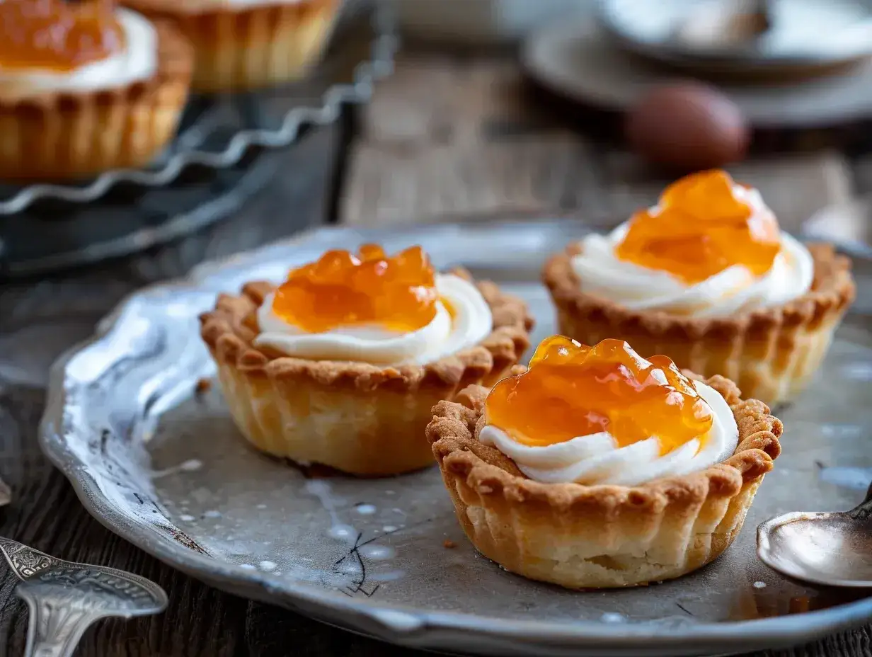Sm&aring; mandelmusslor med fluffig gr&auml;dde och aprikosgel&eacute;. Ett h&auml;rligt recept p&aring; mandelmusslor som passar till fikat.