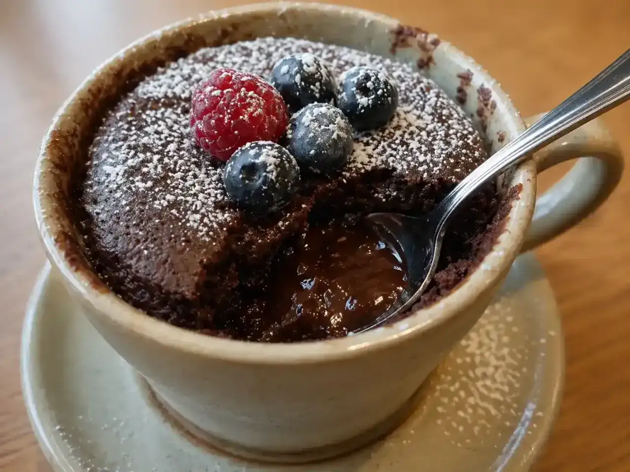 Chokladig mugcake med b&auml;r, perfekt f&ouml;r ett snabbt mugcake recept. Pudrad med florsocker och toppad med hallon och bl&aring;b&auml;r.
